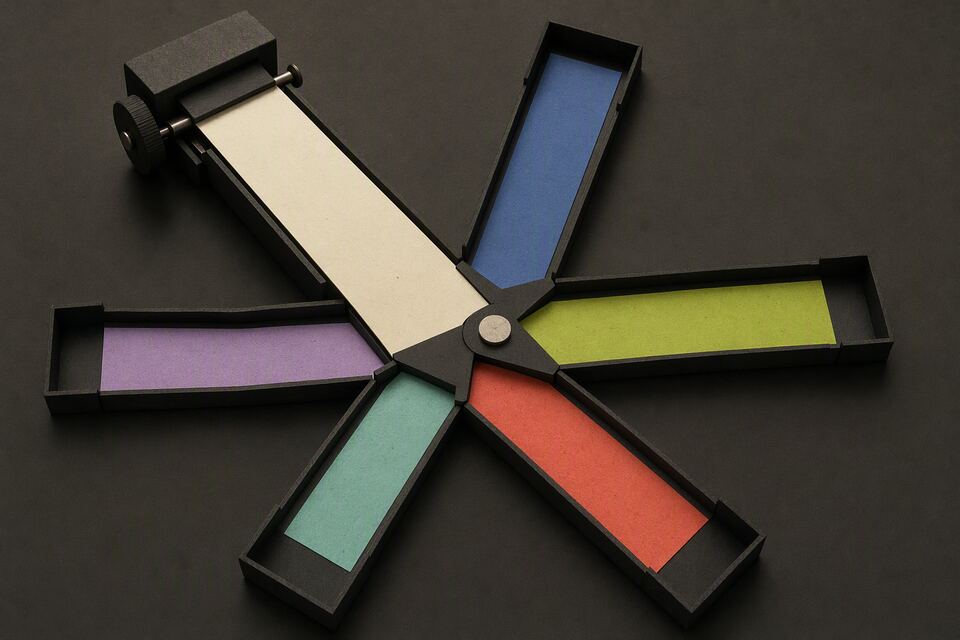 A blank paper note entering a charcoal routing machine and leaving along five colored paths